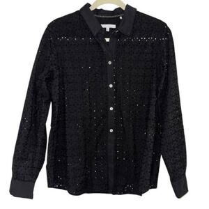 FOXCROFT Black Eyelet Design Button Up Cotton Top Size 14